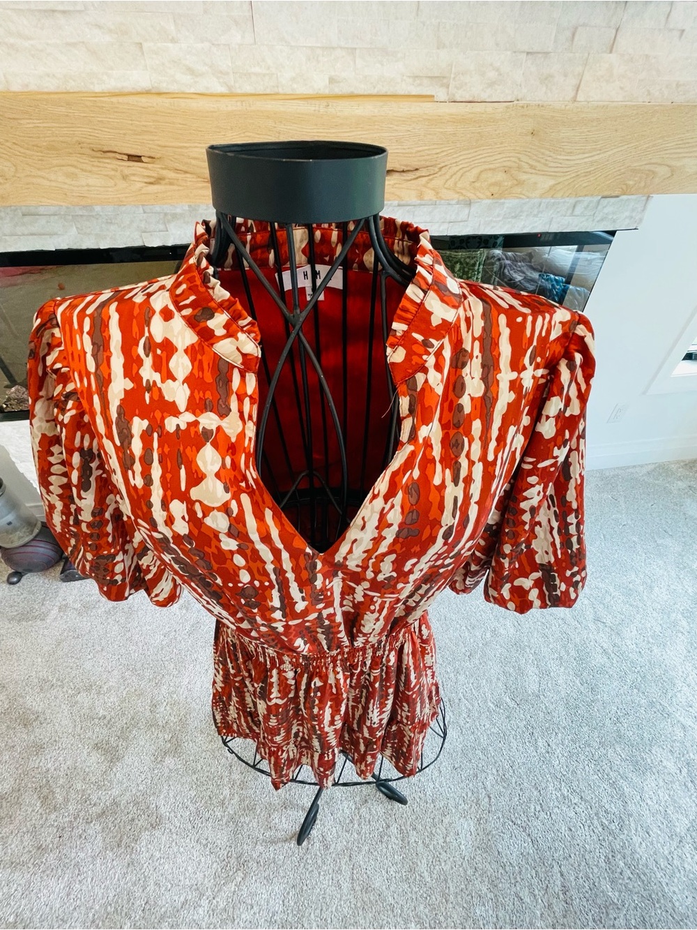 Women's Rust Orange Balloon Sleeve V-Neck Dress
